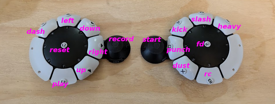 Two PS Access Controllers with buttons assigned in a "hit box" configuration. The left controller has been rotated 180°, with the following button assignments: 1: right, 2: down, 3: left, 4: L1 (dash), 7: L3 (play), Center: L2 (reset), joystick depress: (record). The right controller is in the default orientation with the following button assignments: 1: square (punch), 2: cross (dust), 3: R3 (roman cancel), Center: R2 (faultless defence), 6: R1 (heavy slash), 7: circle (slash), 8: triangle (kick).